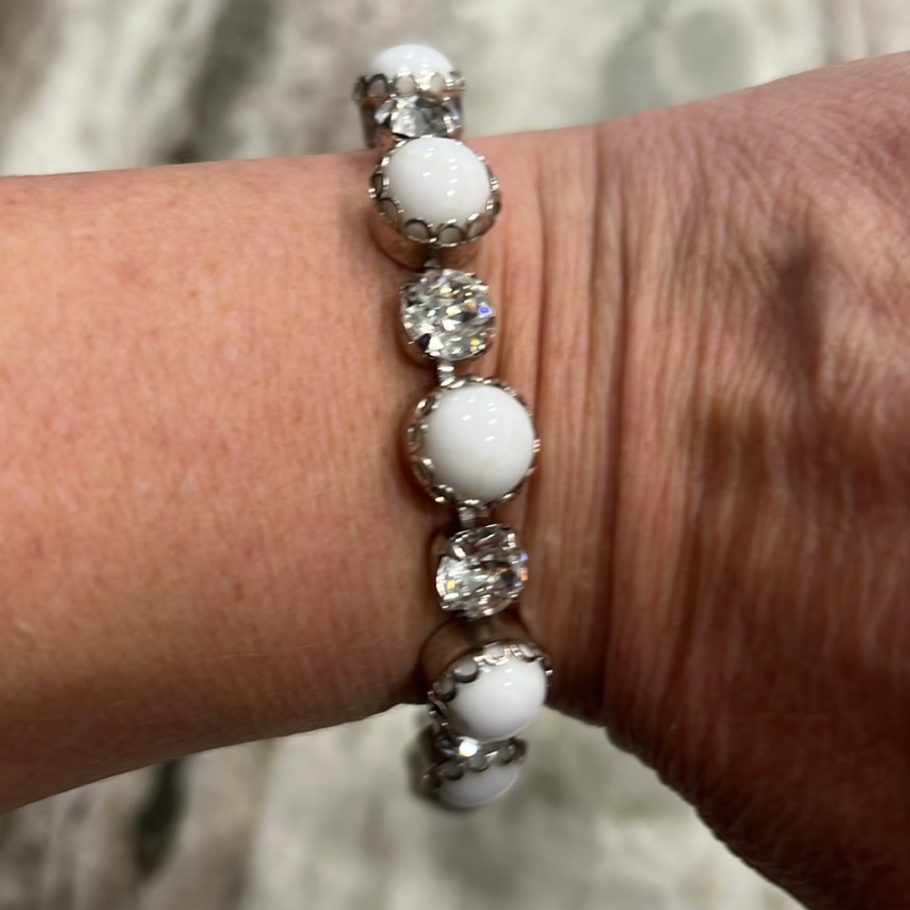 Milk Glass and Rhinestone Bracelet